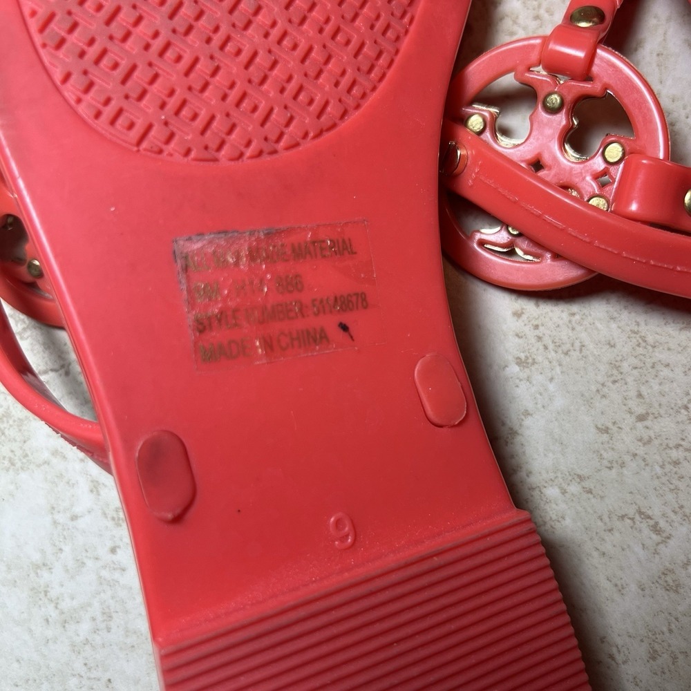 Tory Burch Mini Miller Jelly Thong Sandals Size 9 Orange Coral Double T Gold EUC - Picture 5 of 8